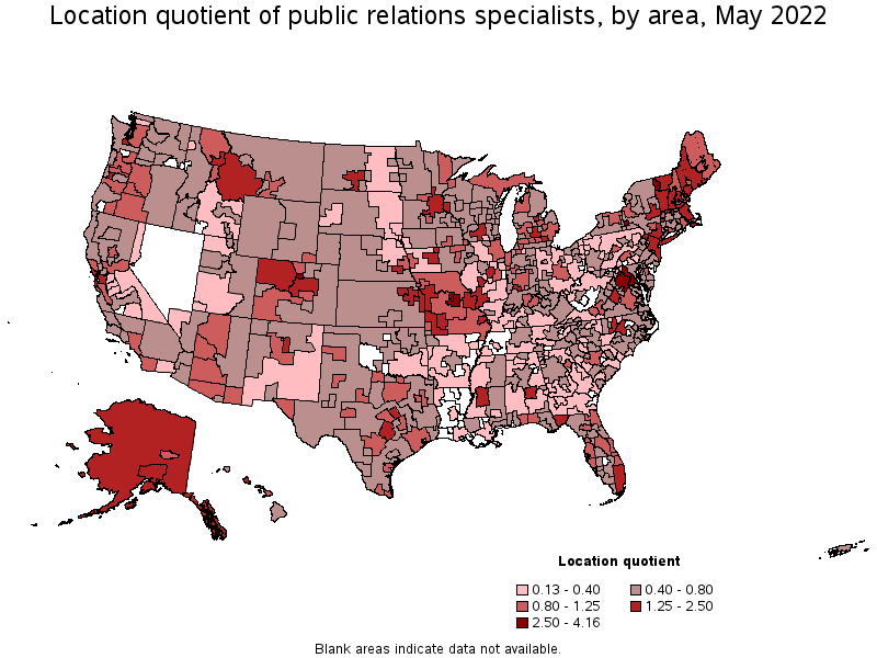 Map of location quotient of public relations specialists by area, May 2022