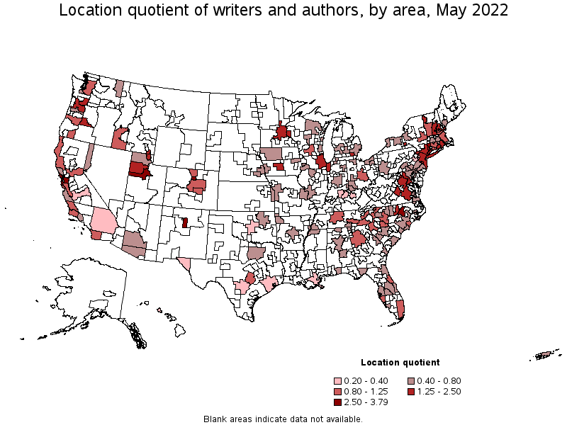 Map of location quotient of writers and authors by area, May 2022