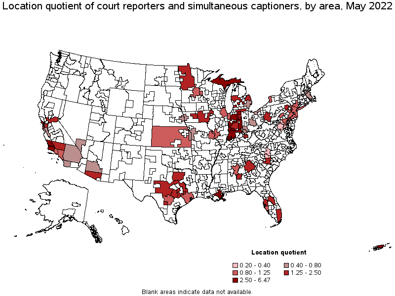 Map of location quotient of court reporters and simultaneous captioners by area, May 2022