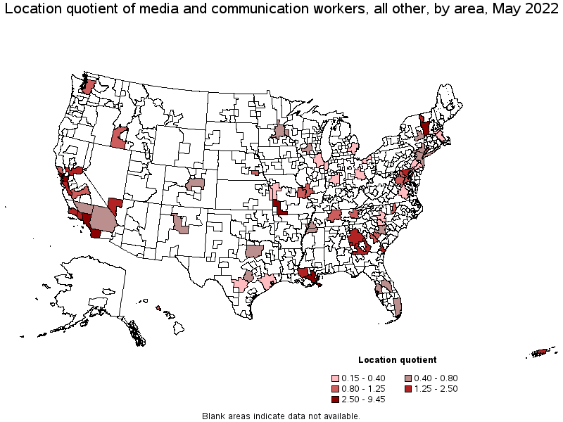 Map of location quotient of media and communication workers, all other by area, May 2022