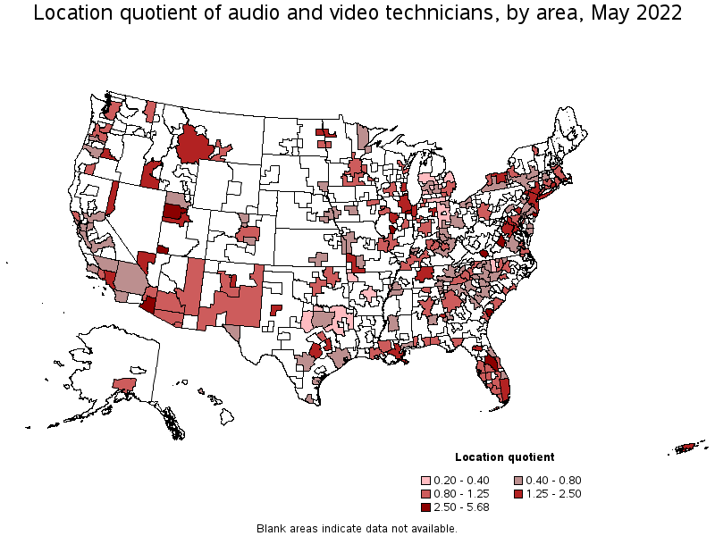 Map of location quotient of audio and video technicians by area, May 2022