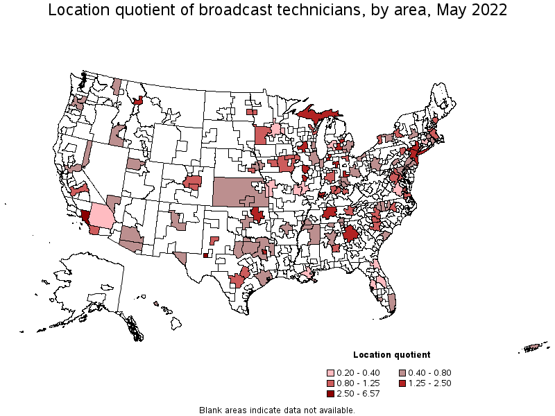 Map of location quotient of broadcast technicians by area, May 2022