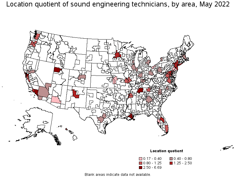Map of location quotient of sound engineering technicians by area, May 2022