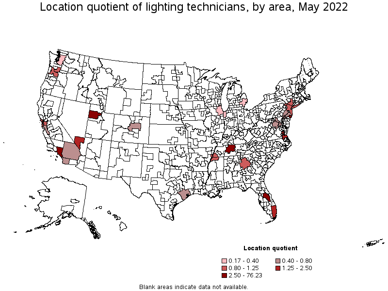 Map of location quotient of lighting technicians by area, May 2022