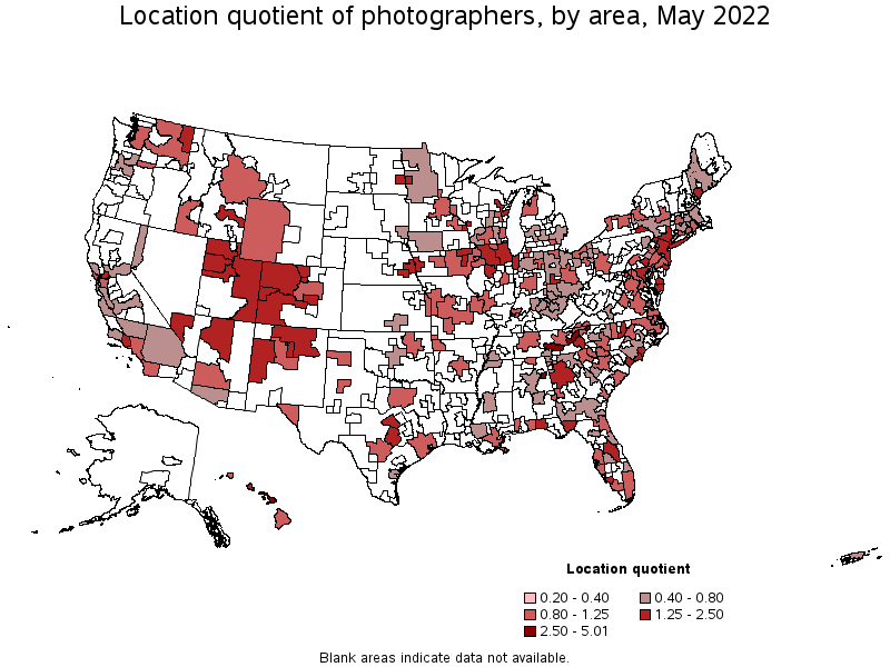 Map of location quotient of photographers by area, May 2022