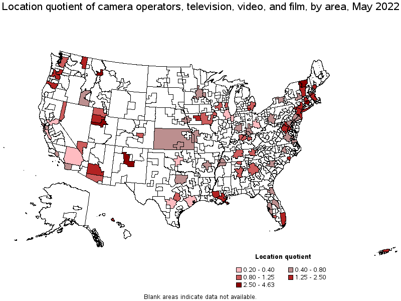 Map of location quotient of camera operators, television, video, and film by area, May 2022