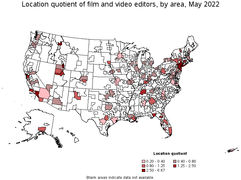 Map of location quotient of film and video editors by area, May 2022