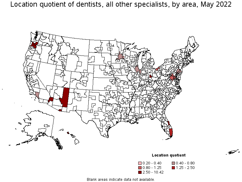 Map of location quotient of dentists, all other specialists by area, May 2022