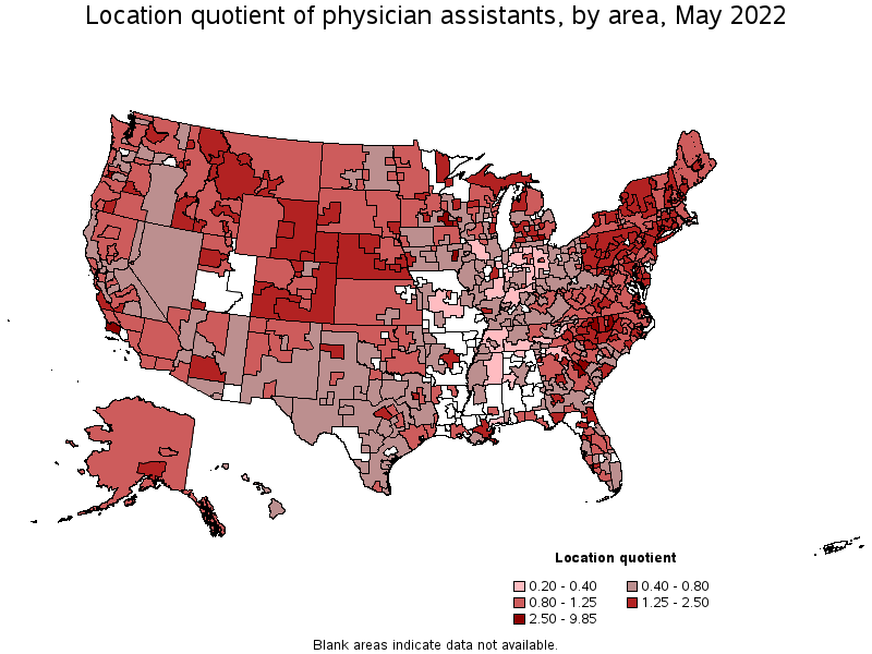 Map of location quotient of physician assistants by area, May 2022