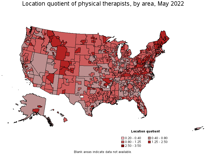 Map of location quotient of physical therapists by area, May 2022