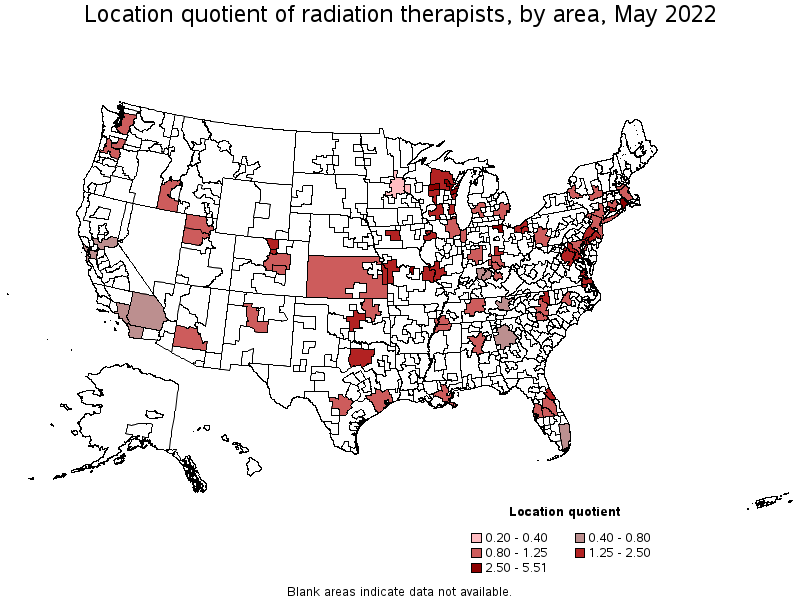 Map of location quotient of radiation therapists by area, May 2022