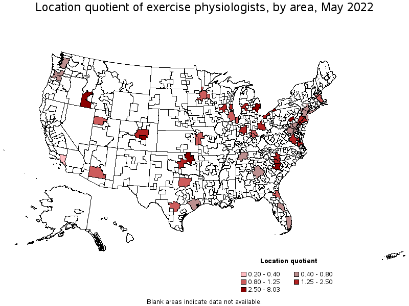 Map of location quotient of exercise physiologists by area, May 2022