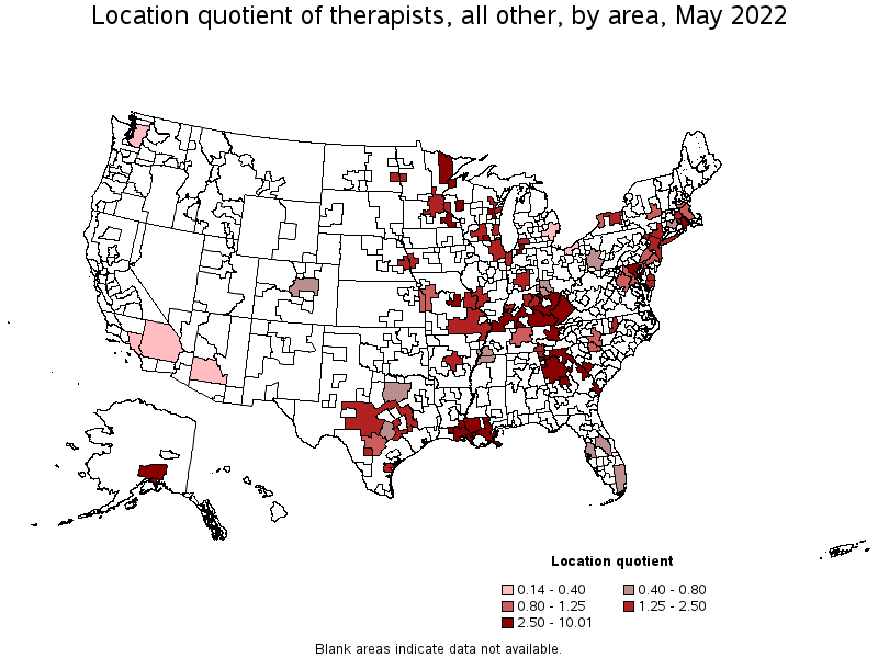 Map of location quotient of therapists, all other by area, May 2022