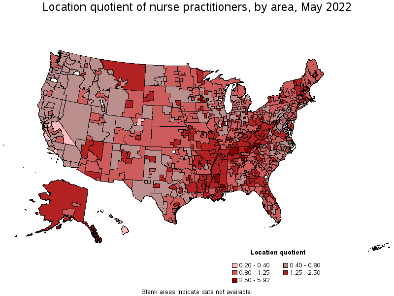 Map of location quotient of nurse practitioners by area, May 2022