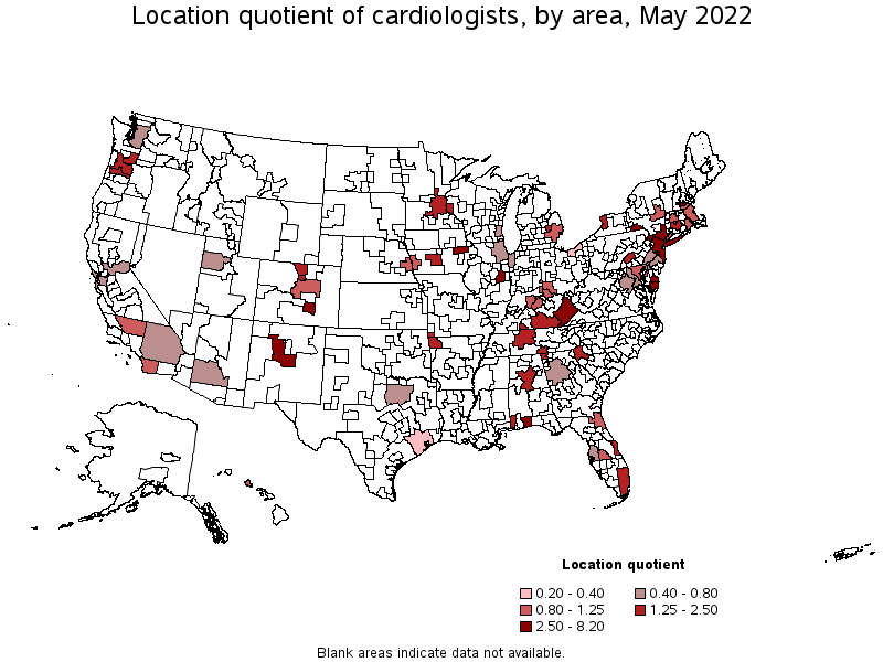 Map of location quotient of cardiologists by area, May 2022