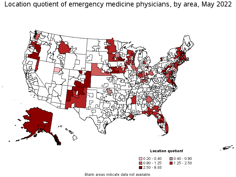 Map of location quotient of emergency medicine physicians by area, May 2022