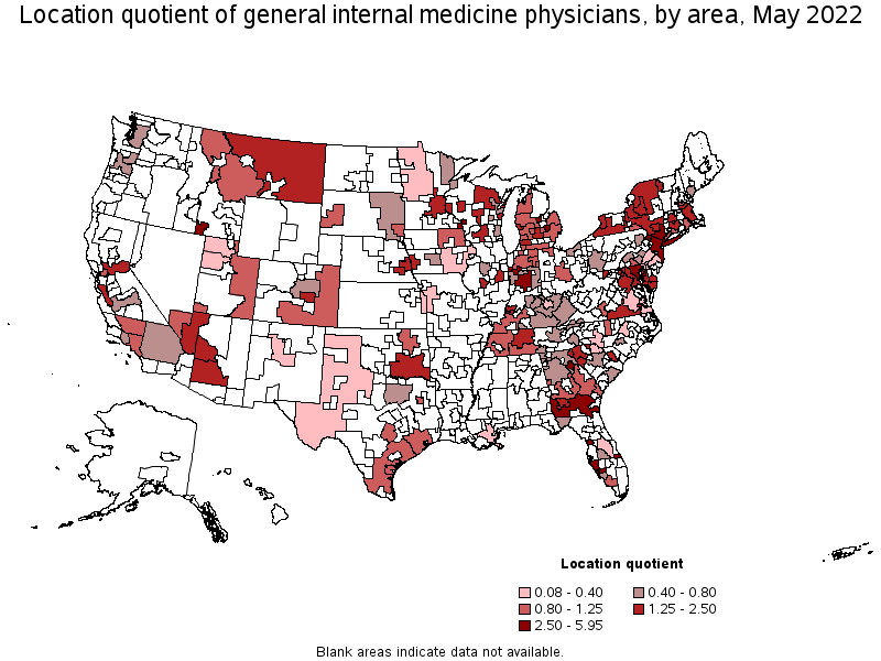 Map of location quotient of general internal medicine physicians by area, May 2022