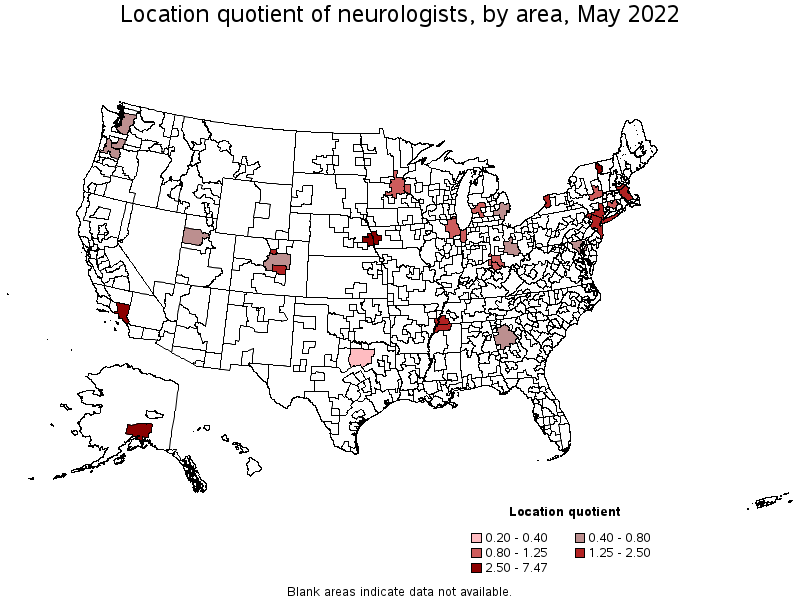 Map of location quotient of neurologists by area, May 2022