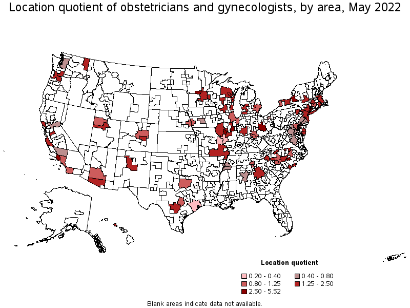 Map of location quotient of obstetricians and gynecologists by area, May 2022