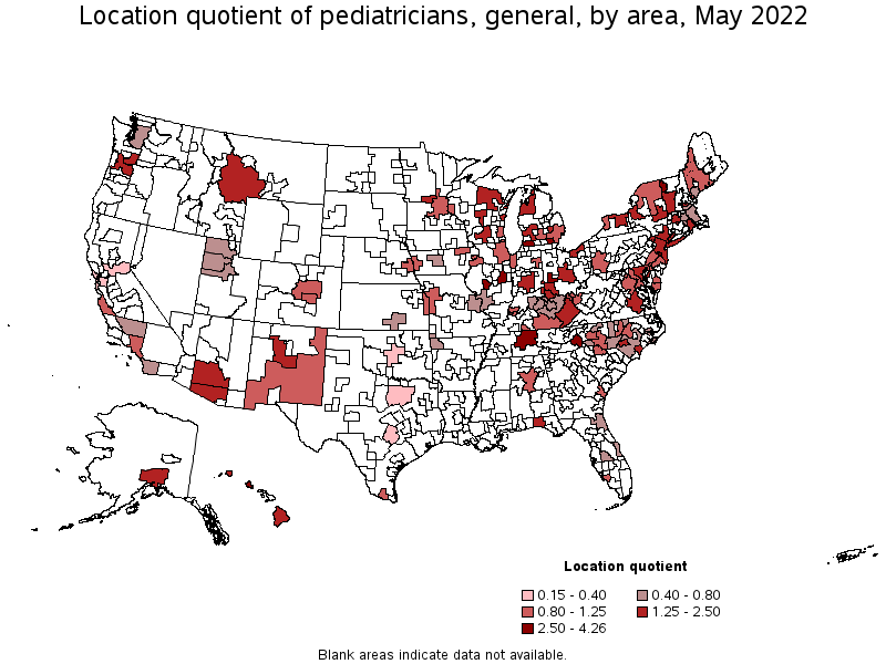 Map of location quotient of pediatricians, general by area, May 2022