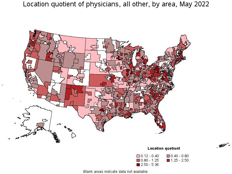 Map of location quotient of physicians, all other by area, May 2022