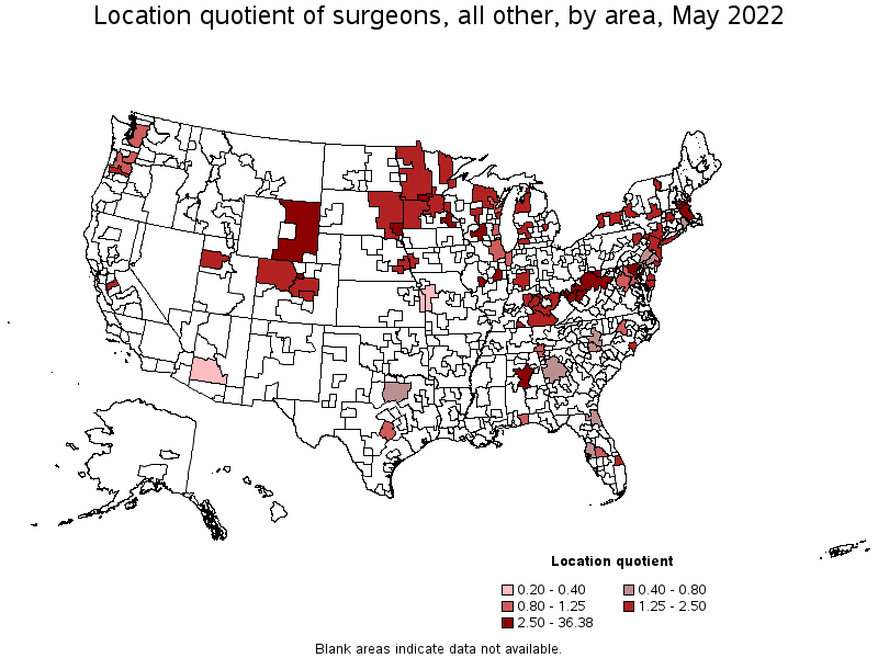 Map of location quotient of surgeons, all other by area, May 2022