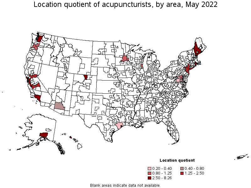 Map of location quotient of acupuncturists by area, May 2022