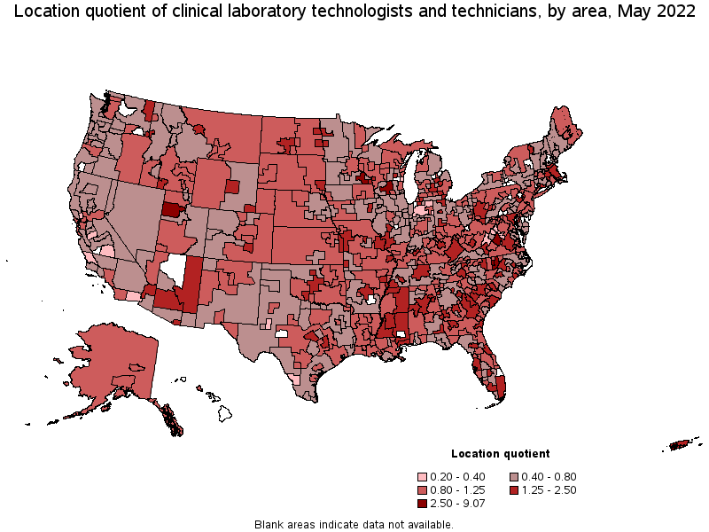 Map of location quotient of clinical laboratory technologists and technicians by area, May 2022