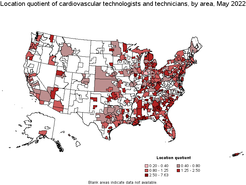 Map of location quotient of cardiovascular technologists and technicians by area, May 2022
