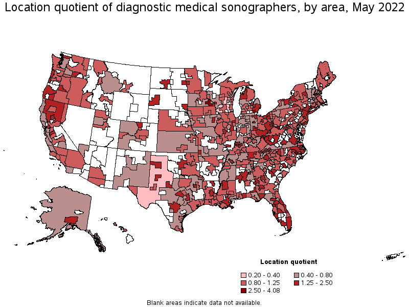 Map of location quotient of diagnostic medical sonographers by area, May 2022