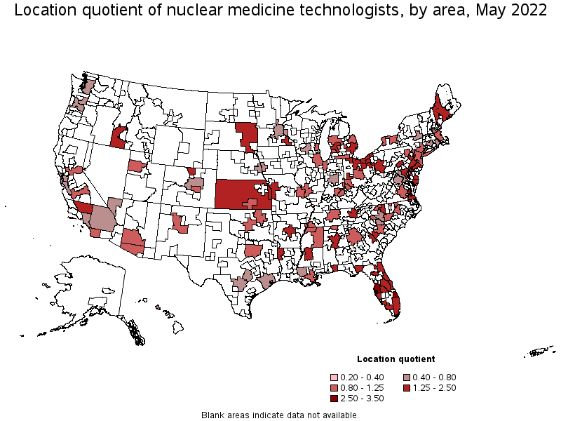 Map of location quotient of nuclear medicine technologists by area, May 2022