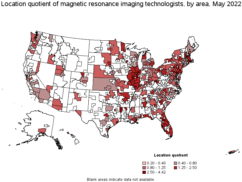 Map of location quotient of magnetic resonance imaging technologists by area, May 2022