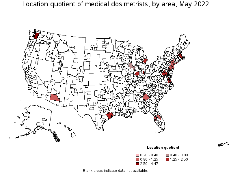 Map of location quotient of medical dosimetrists by area, May 2022