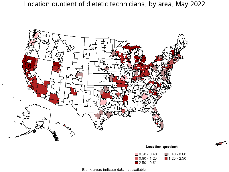 Map of location quotient of dietetic technicians by area, May 2022