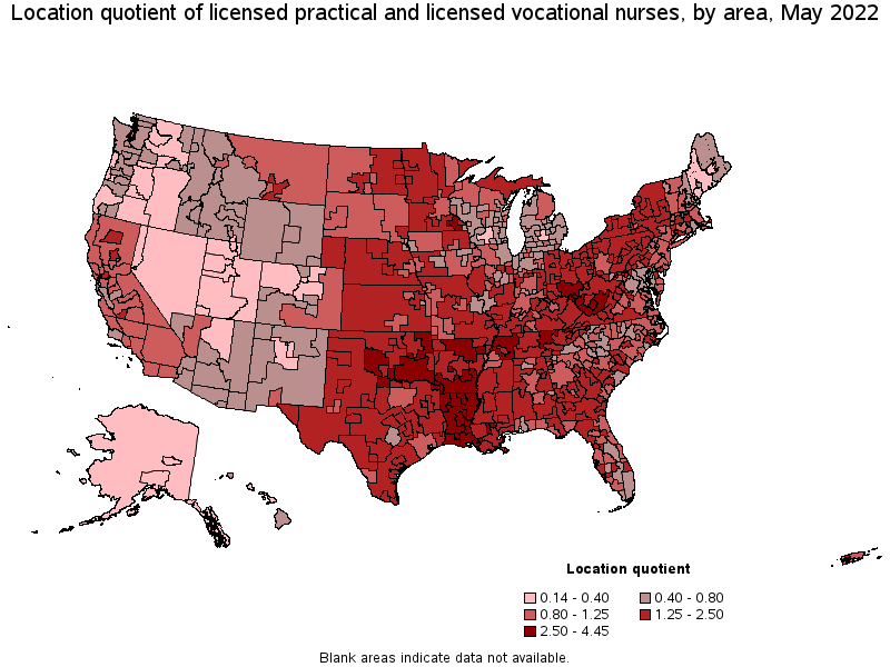 Map of location quotient of licensed practical and licensed vocational nurses by area, May 2022