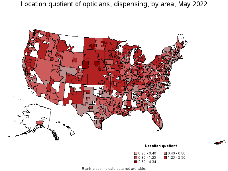 Map of location quotient of opticians, dispensing by area, May 2022