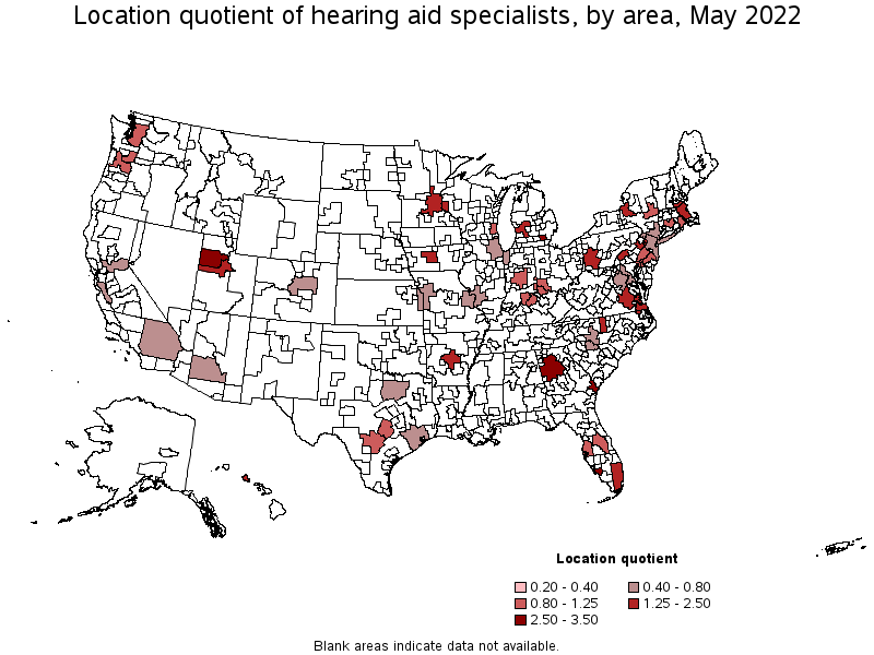 Map of location quotient of hearing aid specialists by area, May 2022