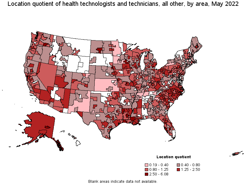 Map of location quotient of health technologists and technicians, all other by area, May 2022