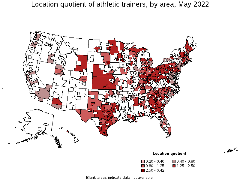 Map of location quotient of athletic trainers by area, May 2022