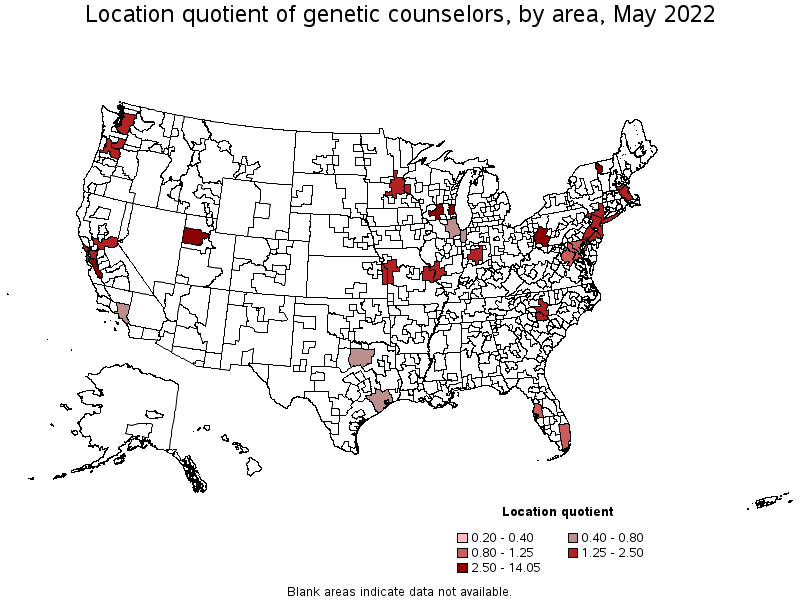 Map of location quotient of genetic counselors by area, May 2022