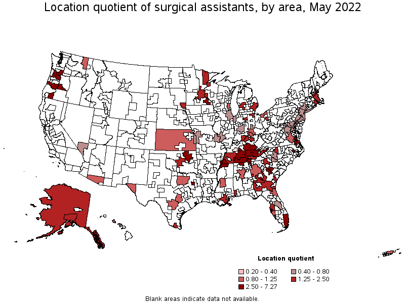 Map of location quotient of surgical assistants by area, May 2022