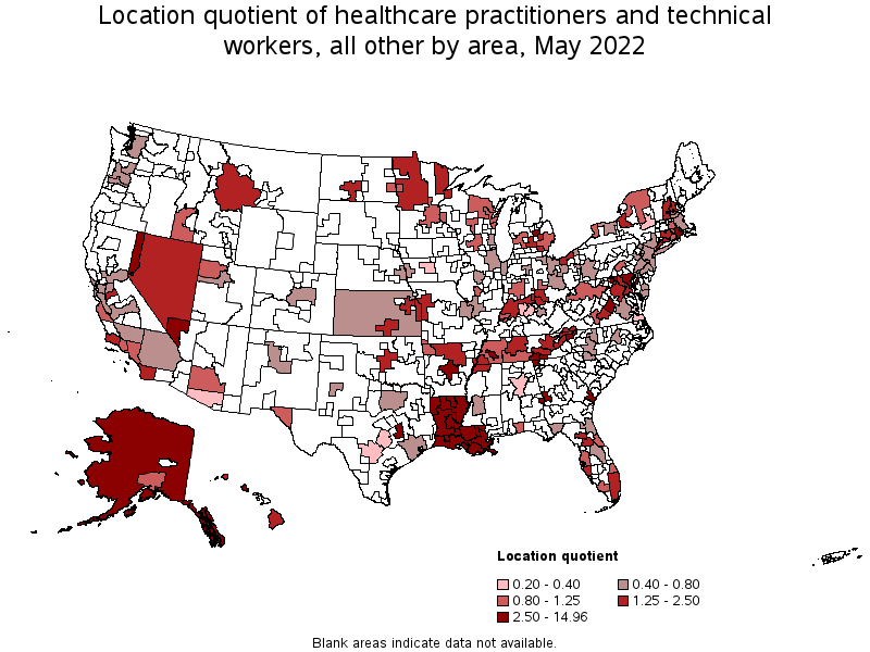 Map of location quotient of healthcare practitioners and technical workers, all other by area, May 2022