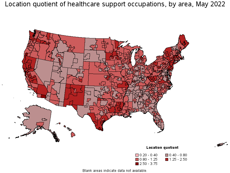 Map of location quotient of healthcare support occupations by area, May 2022