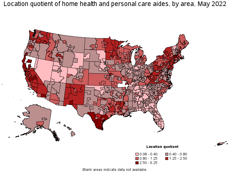 Map of location quotient of home health and personal care aides by area, May 2022