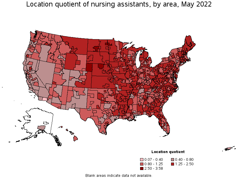 Map of location quotient of nursing assistants by area, May 2022