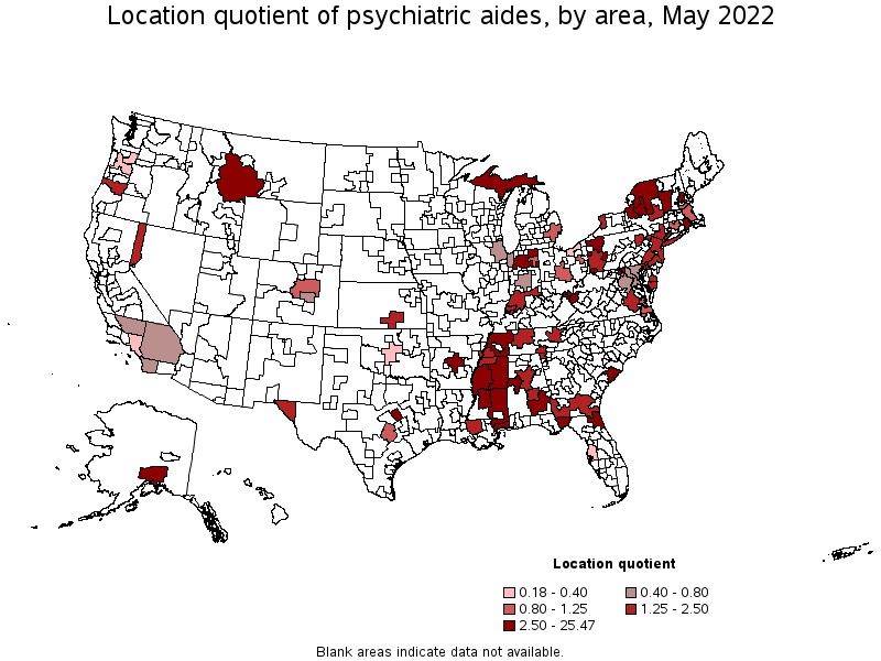 Map of location quotient of psychiatric aides by area, May 2022