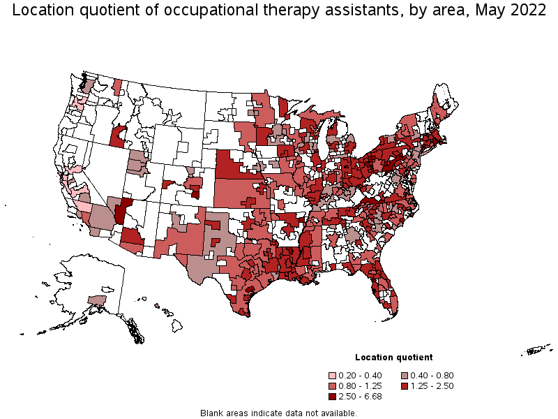 Map of location quotient of occupational therapy assistants by area, May 2022