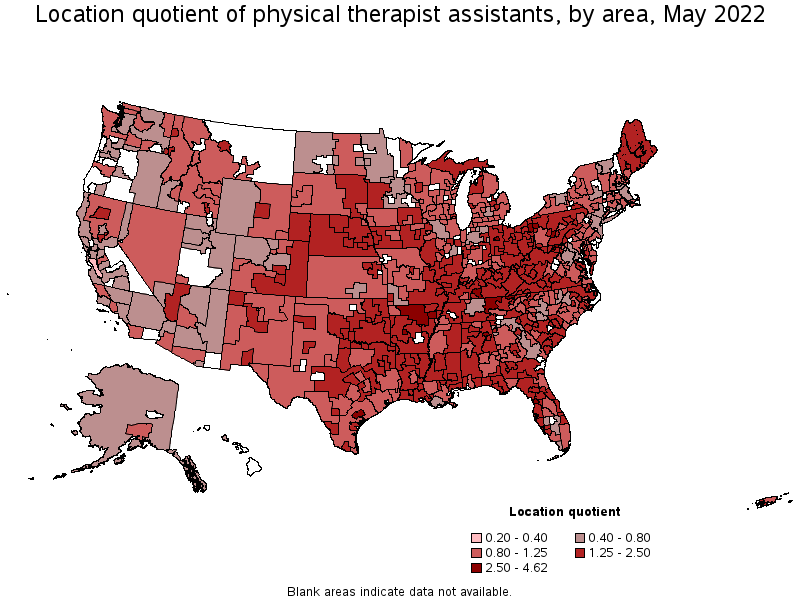 Map of location quotient of physical therapist assistants by area, May 2022