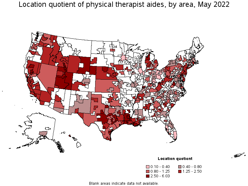 Map of location quotient of physical therapist aides by area, May 2022