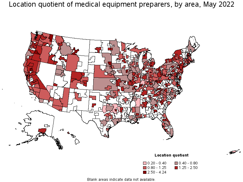 Map of location quotient of medical equipment preparers by area, May 2022